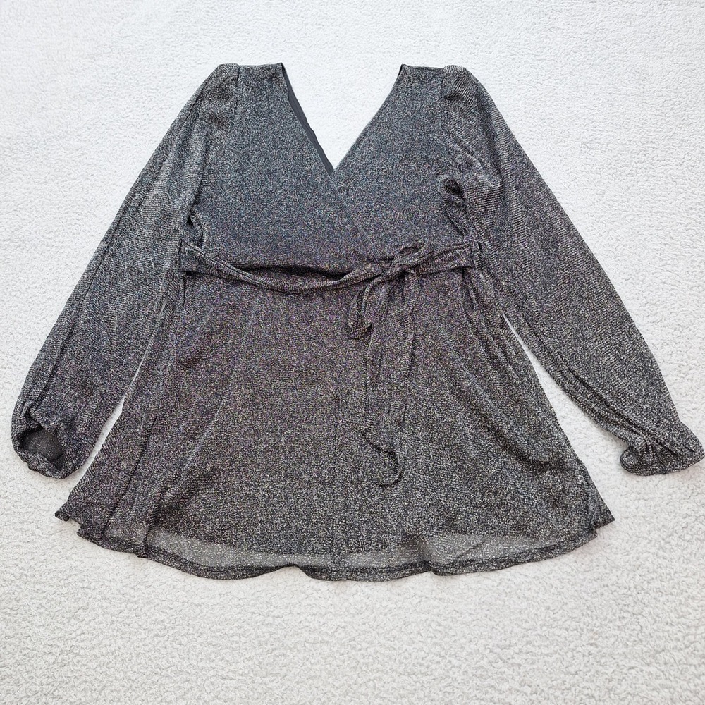 Torrid Blouse Womens 1X Sparkle Wrap‎ Long Sleeve Black Silver Glitter